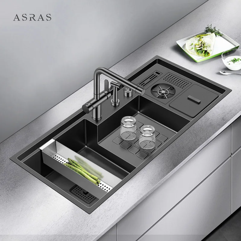 배수 쓰레기통이 있는 컵 세탁기가 있는 단일 대형 계단식 세면대 모델 10547NX 수제 주방 싱크대