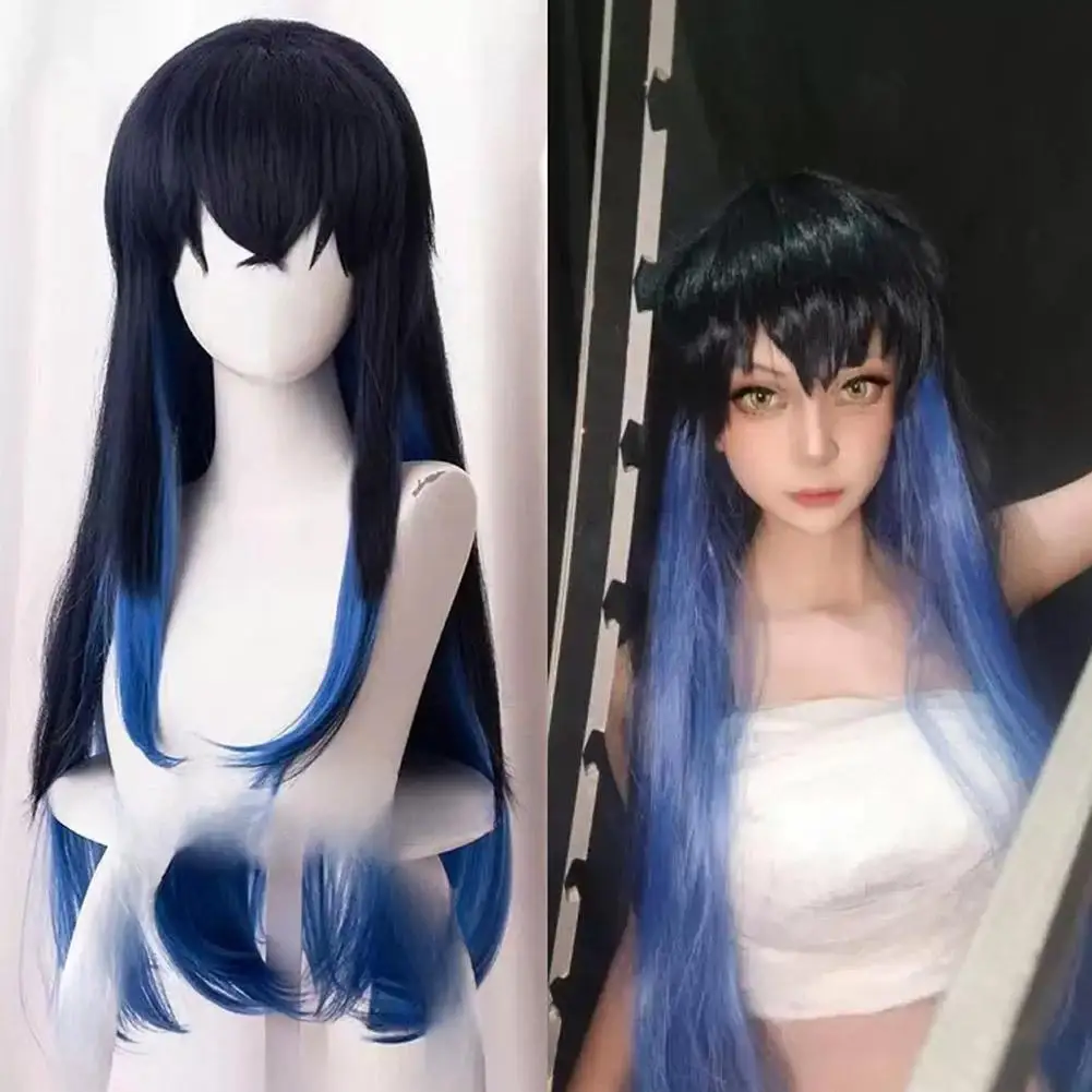 コスプレヘアウィッグアニメ悪魔嘴平伊之助ウィッグ女性のためのロングブラックブルーストレートパーティー小道具ハロウィン