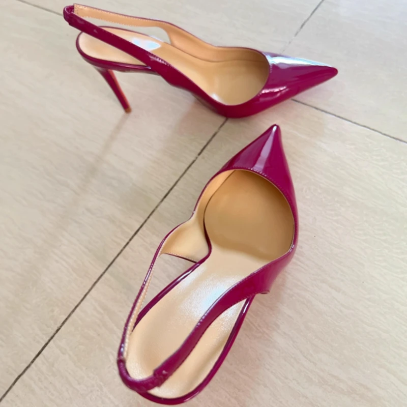 

Dark Red Patent Leather Pointed Toe Women Slingback Shoes Slip On 10cm Shallow Female Bride Wedding Dress Pumps