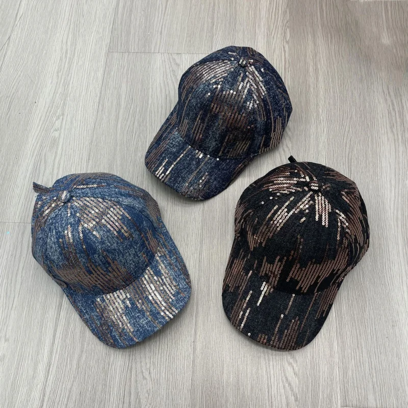 Washed Denim Baseball Female Designer Meteor Sequins -Poof Peaked Cap Male European and American Personalized Sun Hat