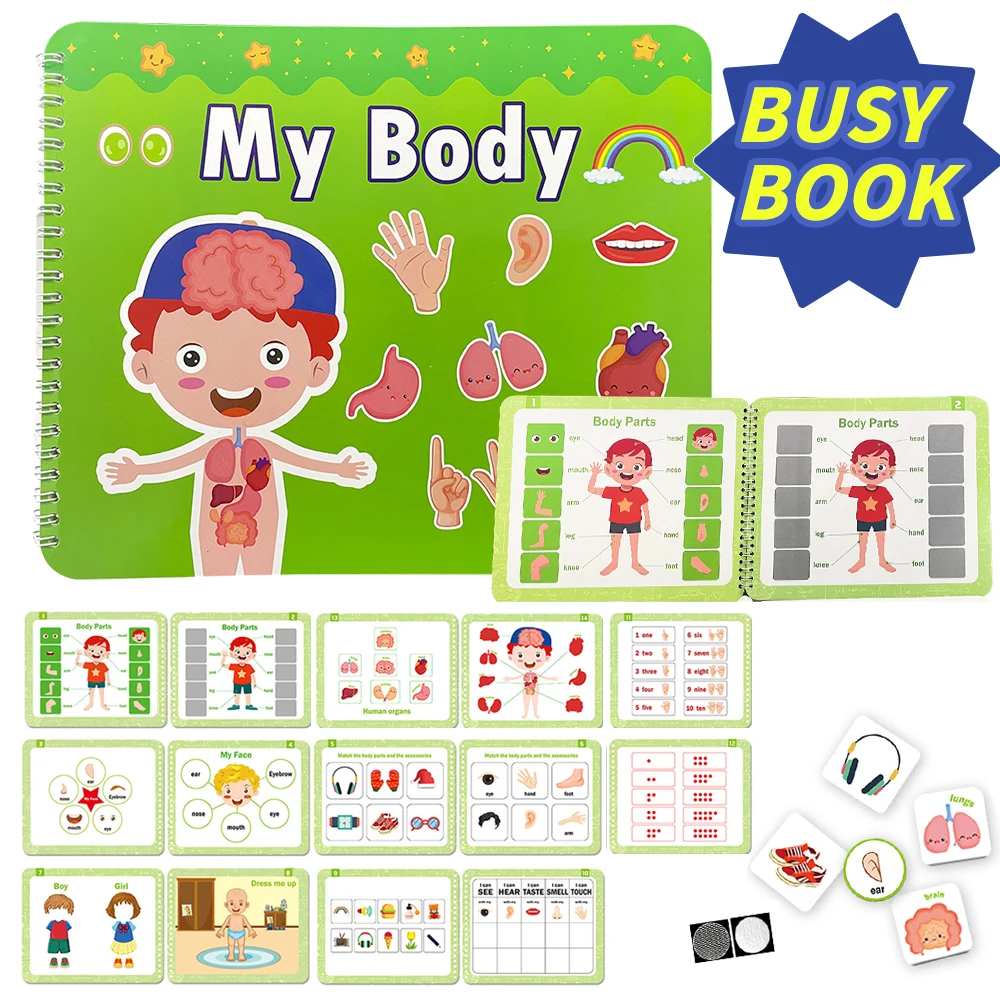 

Kids Busy Book- My Body / Foods/Space / Vehicles- Activities Binder Quiet Books sticker learning and educational Toys for baby