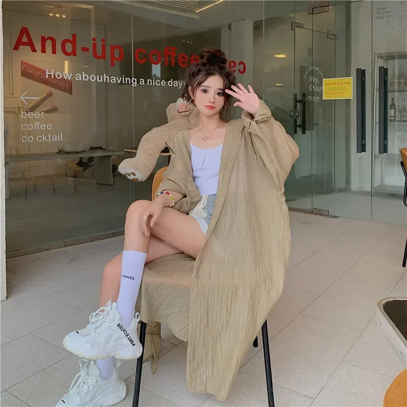 Summer New Thin Mid Length Hooded Long Sleeve Shirt Tops Solid Color Loose All-match Cardigan Trend Casual Women Clothing