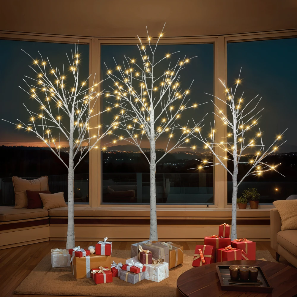 3pcs Birch Tree, 4FT 48 LED/5FT 72 LED/6FT 96 LED Artificial Tree with Lights, Christmas Tree for ​Decoration Inside and Outside