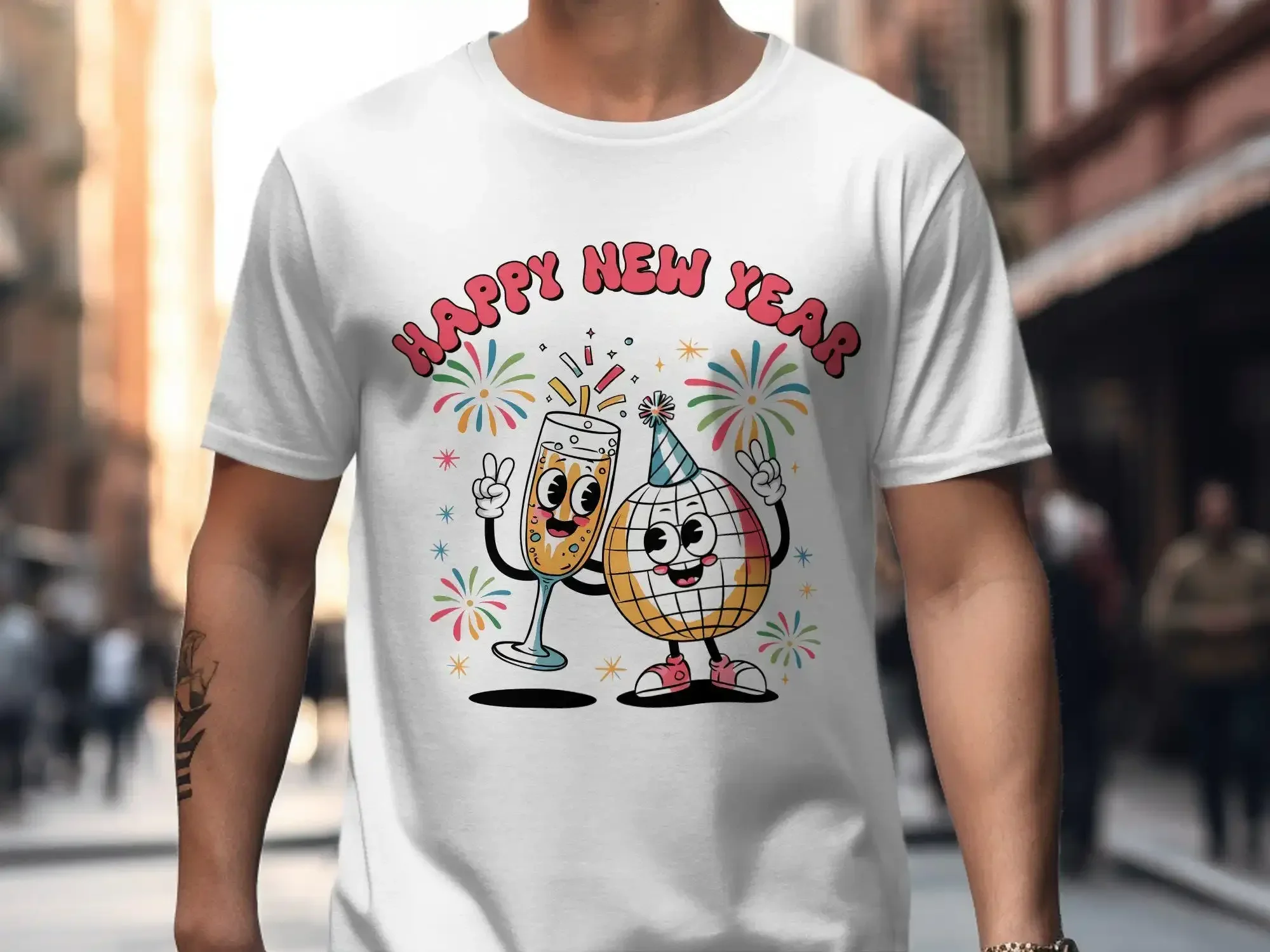 Cute Happy New Year T Shirt Fun Cartoon Disco Ball and Champagne Glass Character Celebration Party Wear