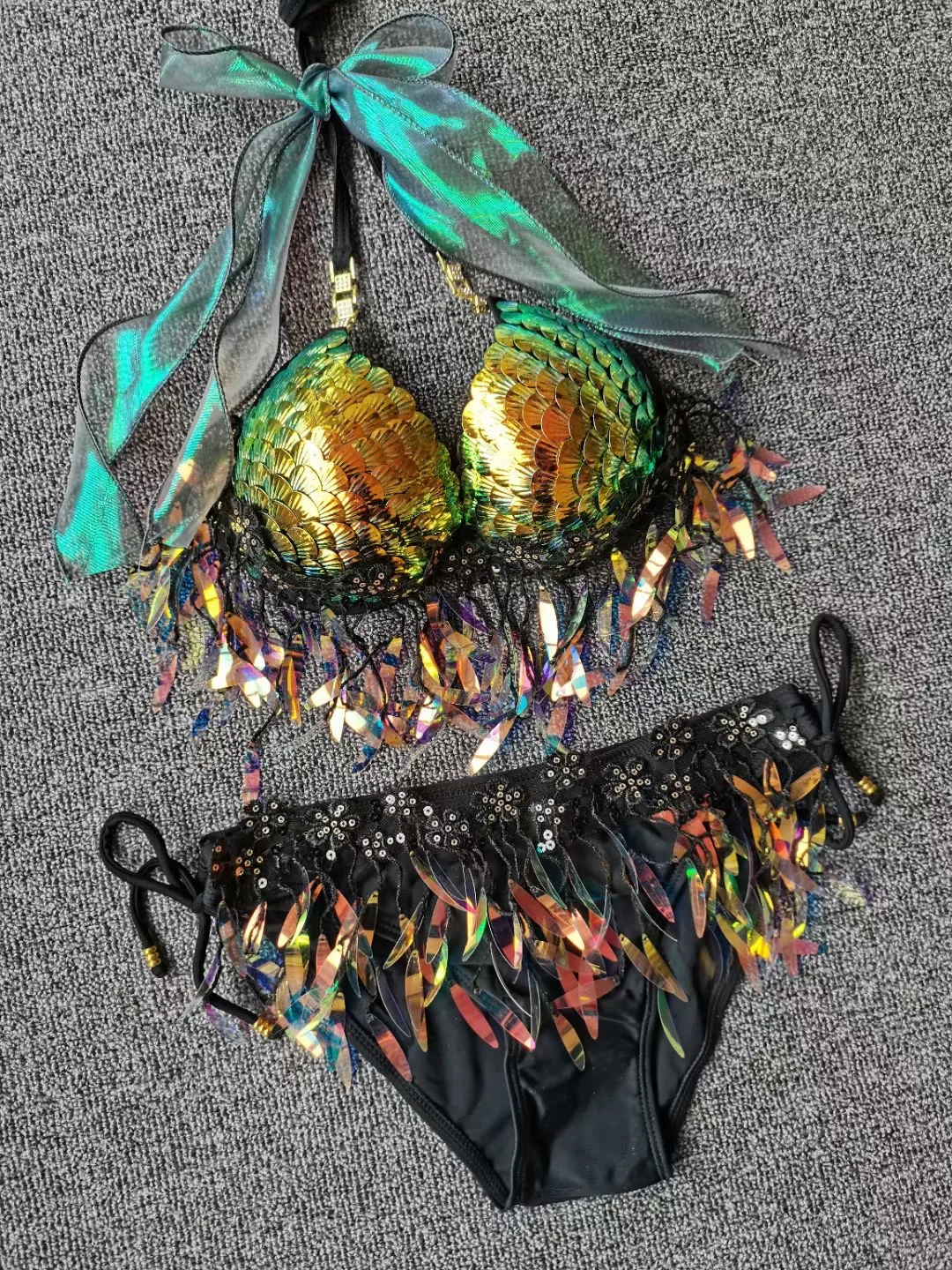 Handmade Mermaid Sequin Seashell Bikini Tassel Top Bra Oceanarium Bar Table Performance Dress Fishtail Leather