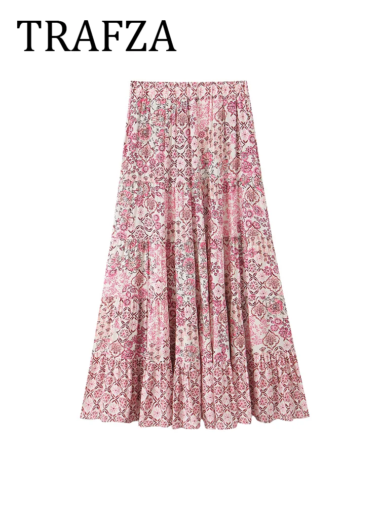 

TRAFZA Long Print Skirt Vintage For Women High Waist Pleated Midi Skirt Flower Elegant Skirt 2025 Summer Fashion Beach Party Ski