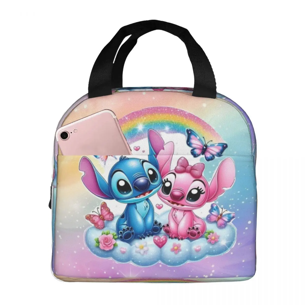

Pink Lilo And Stitch Angel Lunch Bag School Lunch Box For Child Cute Graphic Design Tote Food Bags Oxford Cooler Bag