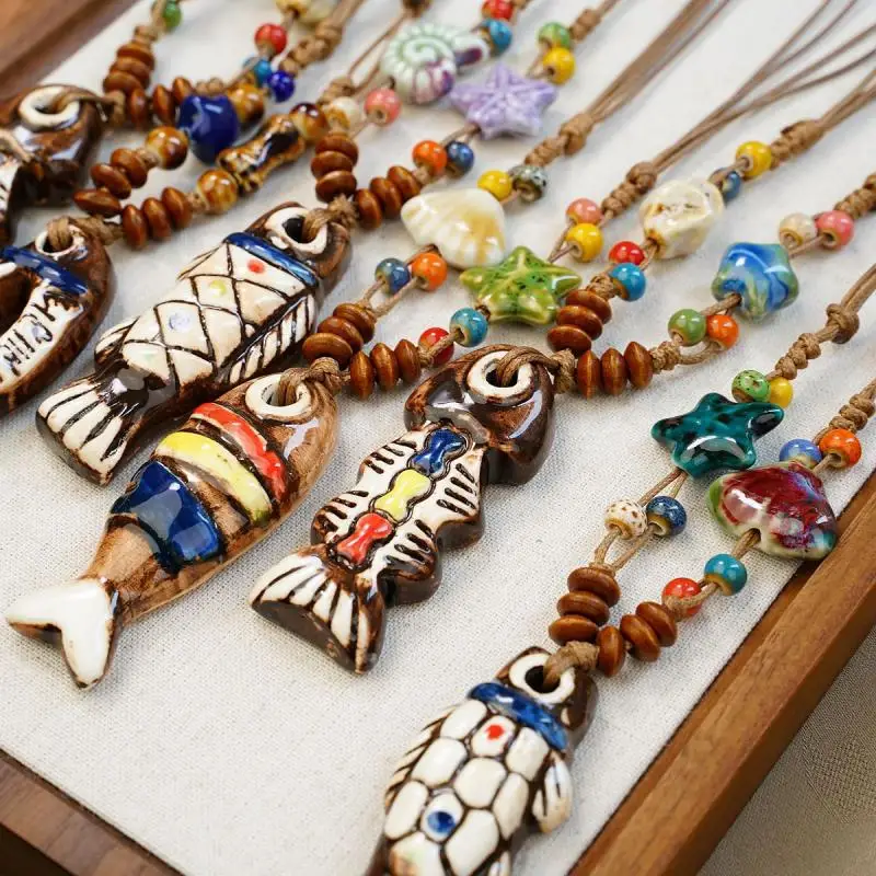 New【Ethnic Style Ceramic Fish Necklace Women Girls Chinese Style Ceramic Bead Long Sweater Chain Fashion Jewelry Accessory Gift】