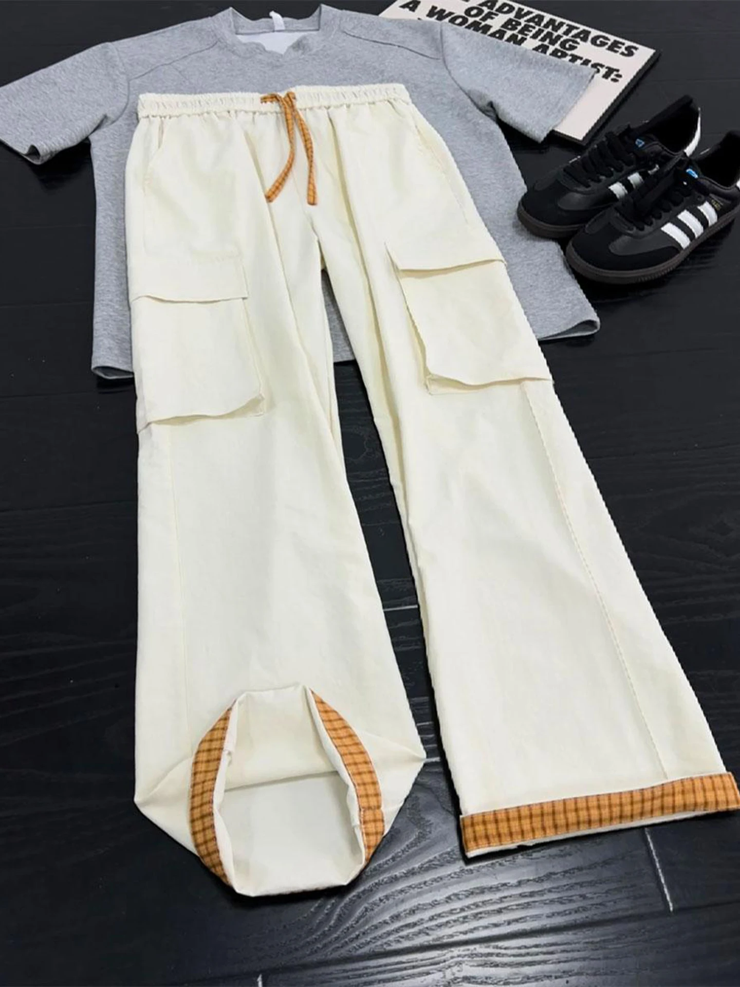 

American Plaid Splicing Quick Dry Work Pants Men Summer Thin Color Collision Design Sense Straight Leg Sports Casual Pants