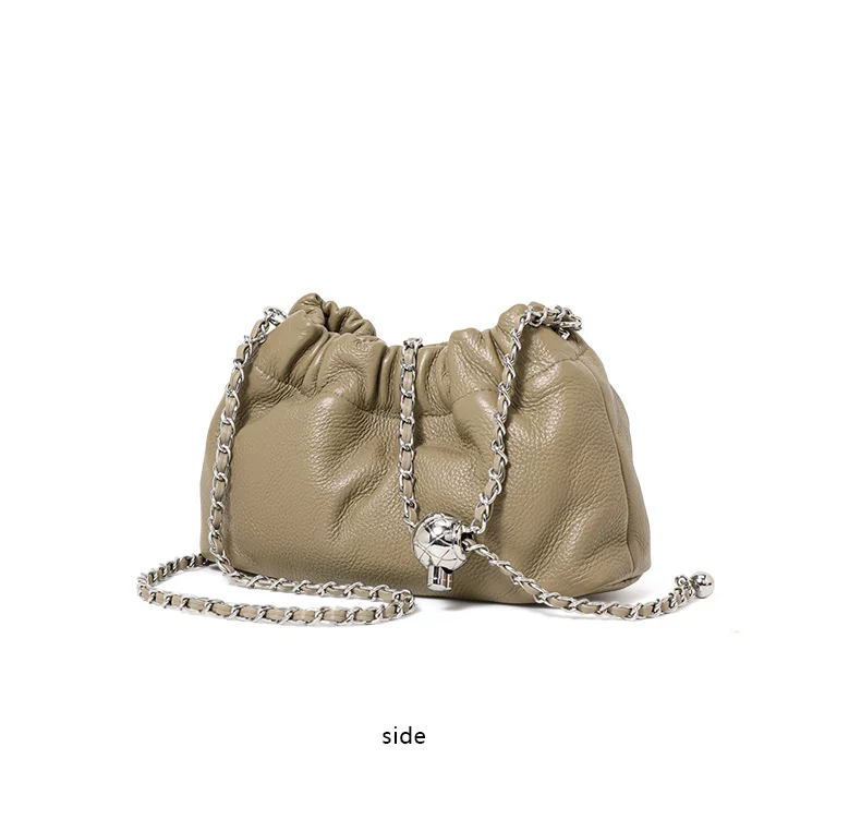 Leichte Litchi-Textur Echtes Kuhleder Cloud Bag Damen Kordelzug Tasche mit Raffdesign Metallkette Crossbody Mini-Geldbörse – Detail 8