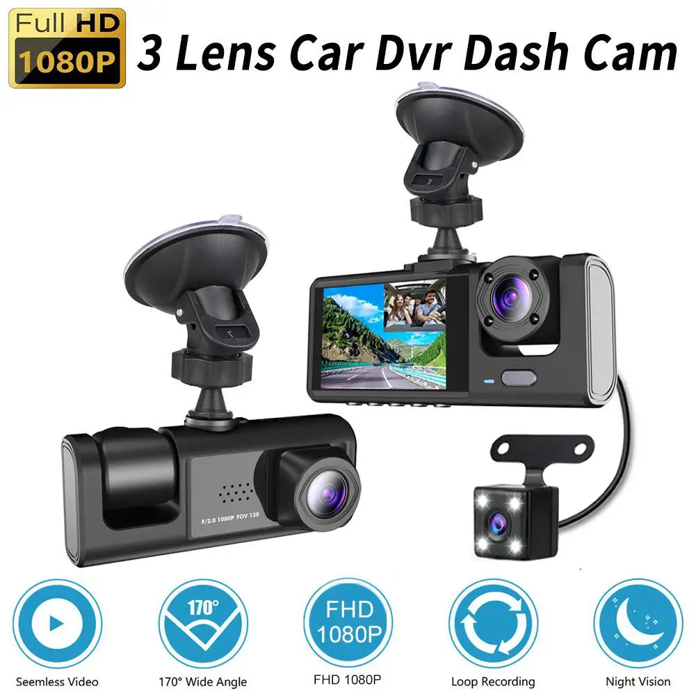 

Dash Cam W/ IR Night Vision Loop Recording & 2" IPS Screen 1080P 3 Camera ， DVR recorder, video recorder, Vehicle DVR