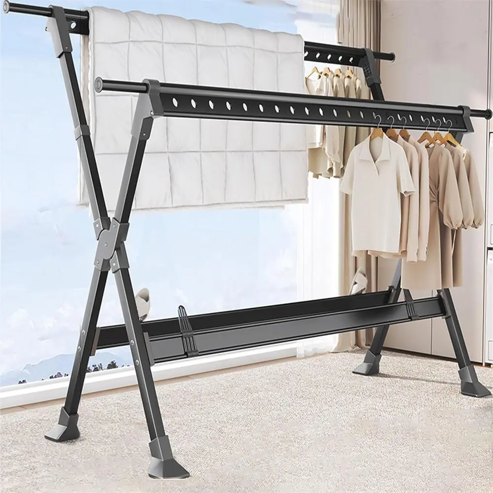 

Adjustable Portable Space-Saving Clothes Drying Rack with Shoe Support, 136-236cm Height