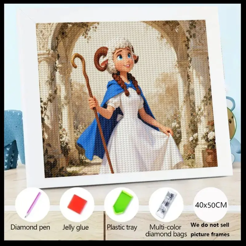 

1PC Full Drill 5D Diamond Painting Kit, DIY Cute Cartoon Shepherdess Girl with Sheep Horns & Blue Cape, Rhinestone Gem Art Embro