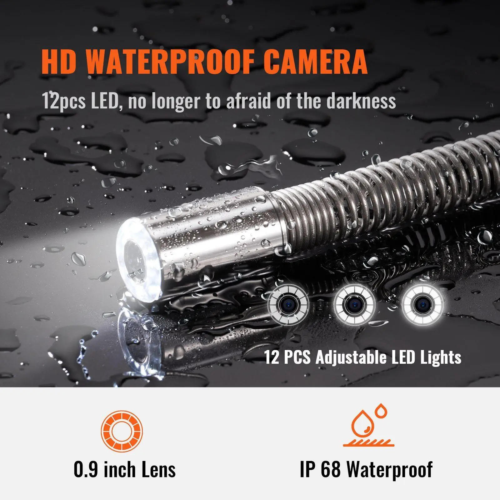 High-Def 720p Sewer Camera System 300ft 9in Screen 1MP Sensor 512Hz Locator IP68 12-LED Adjustable Pipe Inspector Kit