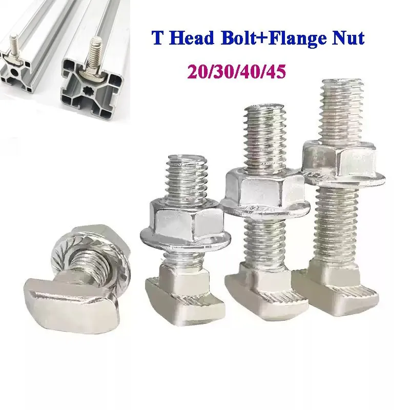 20 30 40 45 Series T Shaped Hammer Bolt Aluminum Profile Accessories T Shaped Bolt Nut + Flange Nut M5 M6 M8 M10 Set EU standard