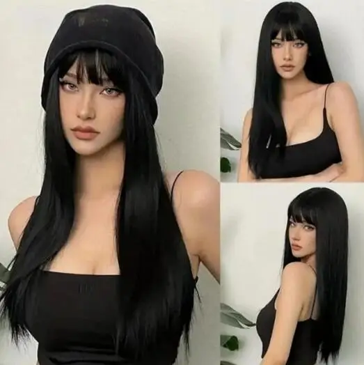 Long Synthetic Black Wig Long Straight Natural Air Fringe Wig Women Heat-Resistant Daily Party Use Full Head Cover