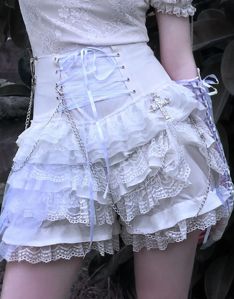 Gothpunk Subculture Chain Lace Strap Versatile Short Skirt Pants Summer New Japanese Lolita Versatile White Shorts Skirts Women