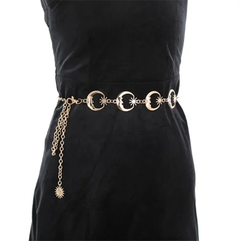 Fashion Metal Chain Belts Gold/Silver Color Crescent Moon Ornament Belts Woman Coat Dress Decorative Belts