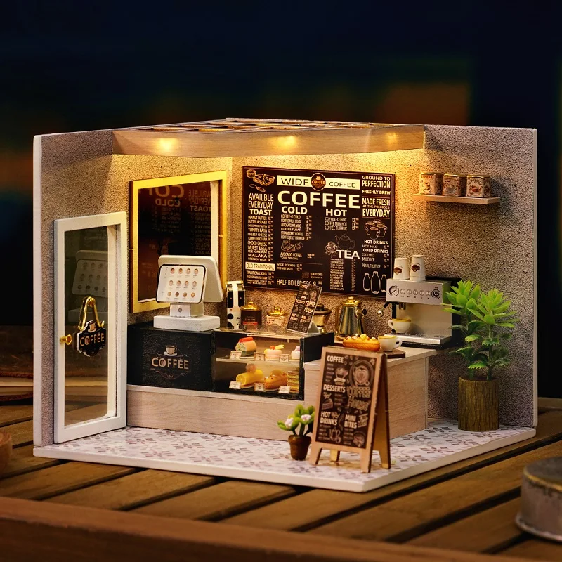 Coffee Shop Doll House Mini DIY Kits Making Room Assembling Toys Bedroom Decorations Furniture Dollhouses Toys For Xmas Gifts