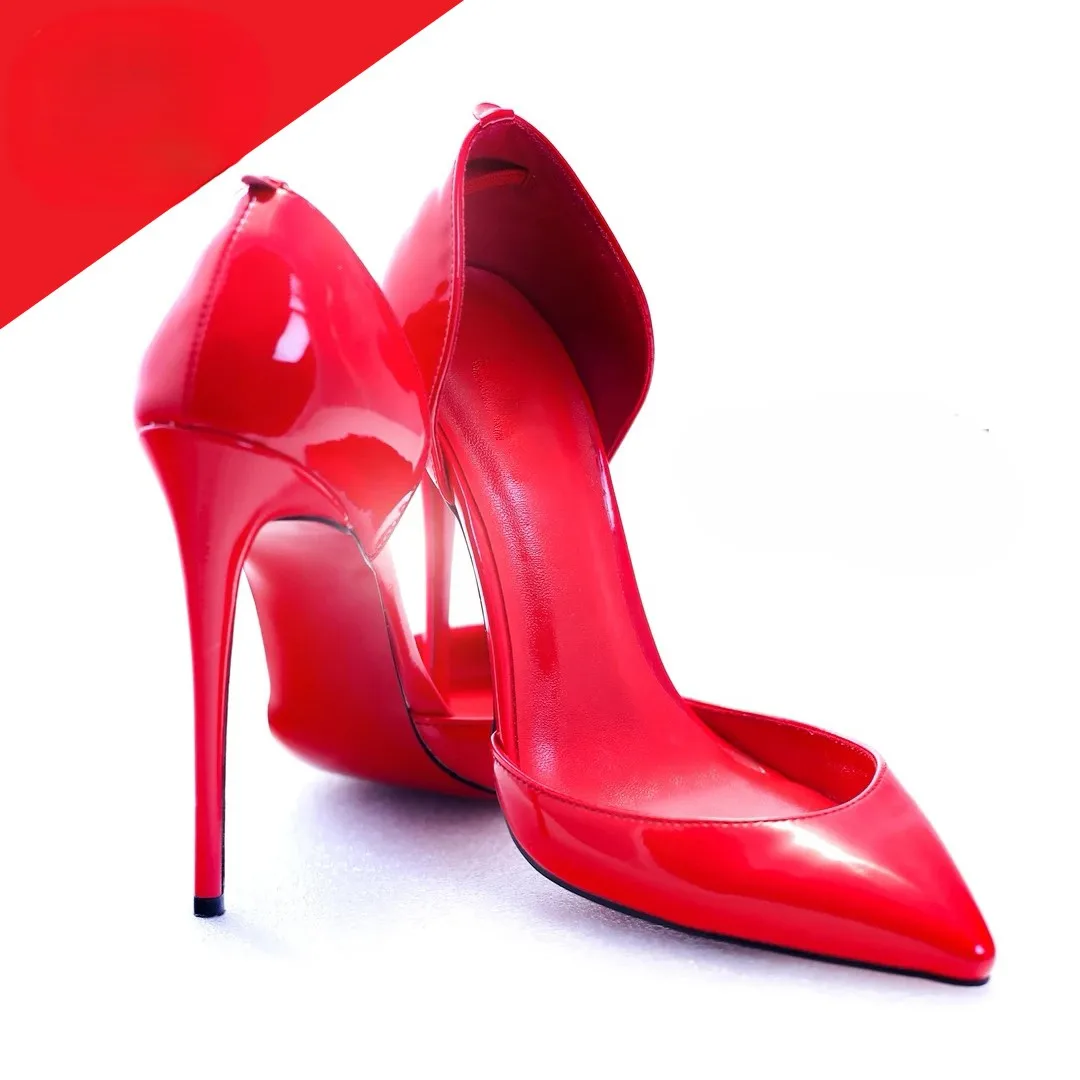 

Elegant Patent Red Heels. Peep-Toe Design with Signature Red Sole, Sexy Stiletto Pumps in Extended Sizes.