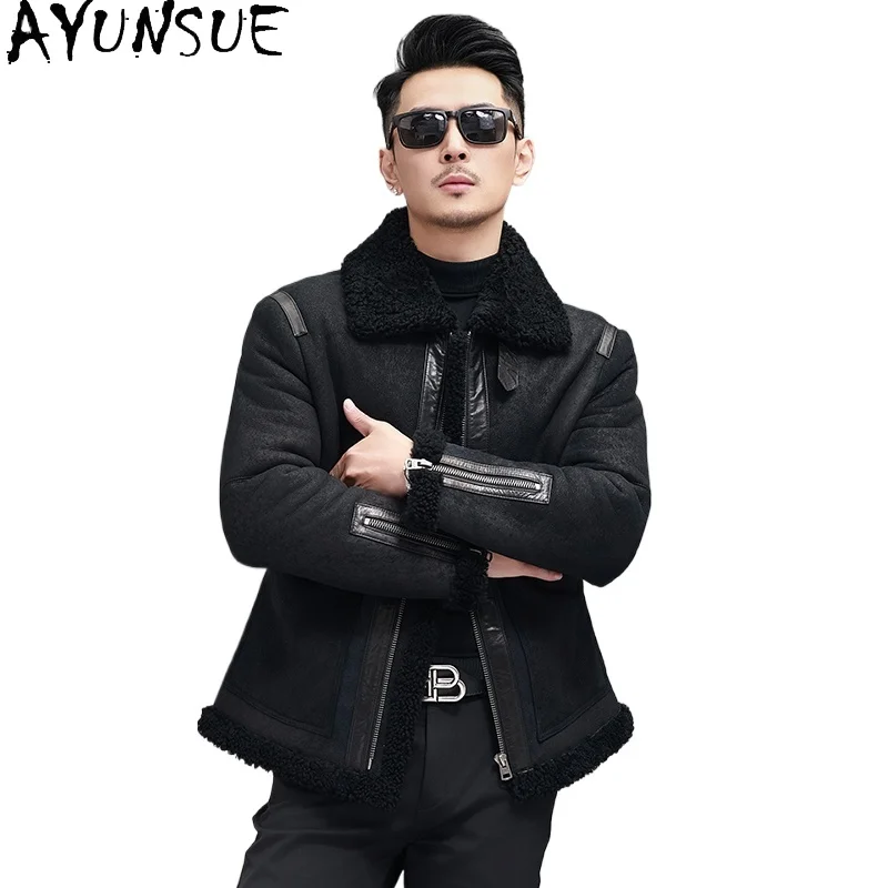 AYUNSUE High-end Original Wool Fur Coat Men 2025 Winter Fashion Flight Suit Natural Sheepskin Leather Jacket Man Real Fur Coat