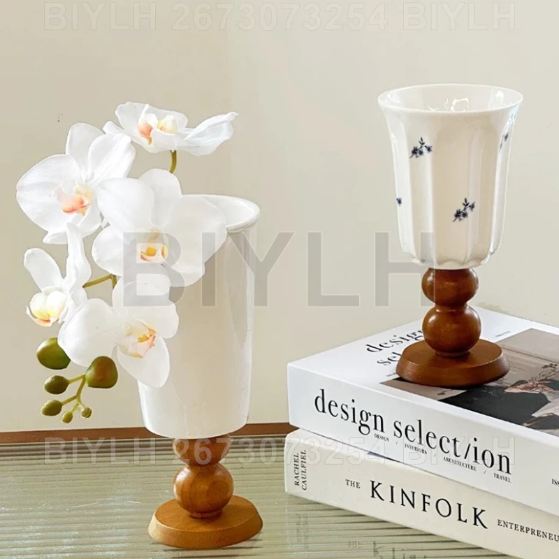 

White Ceramic Vase with Wooden Base Home Decor Hydroponic Flower Arrangement Ceramic Craft Desktop Ornament Retro Floral Vase