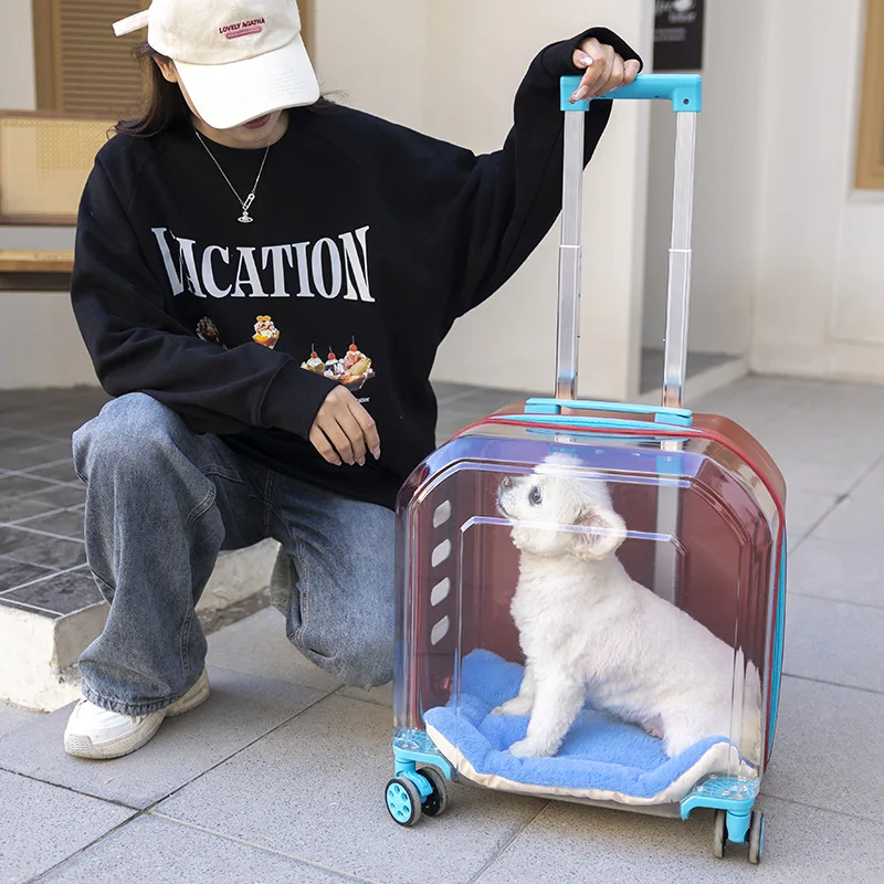 Cat Kennel Trolley Case Portable with Wheel Pet Carrier Fully Transparent Airline Approved Breathe Travel Dog Carrier bag