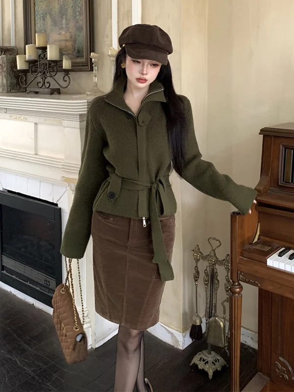 

Slimming Faionable Korean Sle Knitwear Waist-Cinching Sweater Ele Ladylike Trendy Top for Autumn Winter Season