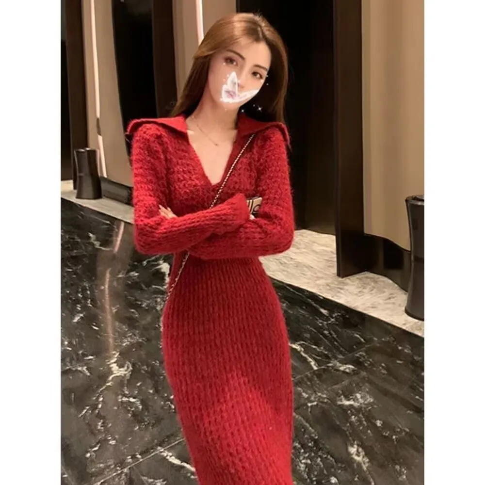 Vestido de malha manga comprida com decote em O feminino, elegante vestido de festa, vermelho chique, outono, inverno, novo, 2023