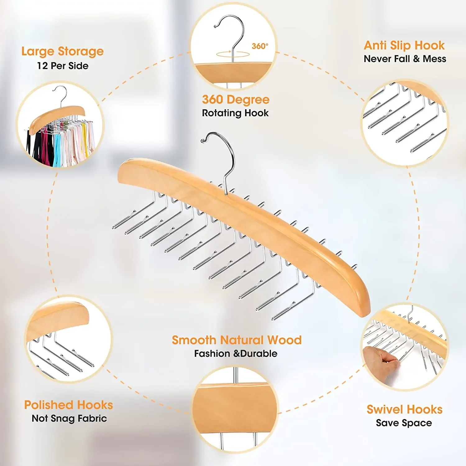 Wooden Underwear Hanger 360° Rotation Space Saving Camisole Storage Rack With 24 Hooks for Dress Tank Top Tie Closet Organizer