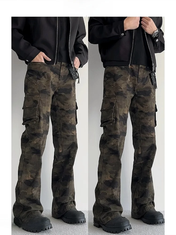 جينز رجالي بتصميم أمريكي عتيق بنمط التمويه متعدد الجيوب ضيق مناسب للعمل بنطلون جينز نحيف وواسع من الأسفل عصري للشباب #2