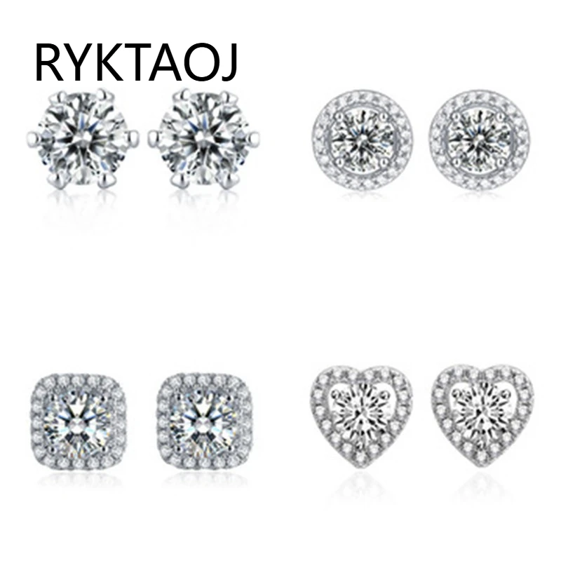 925 Sterling Silver CZ Diamond Stud Earrings Round Square Heart Halo Design Dainty Cubic Zirconia Earring Jewelry Gift for Women