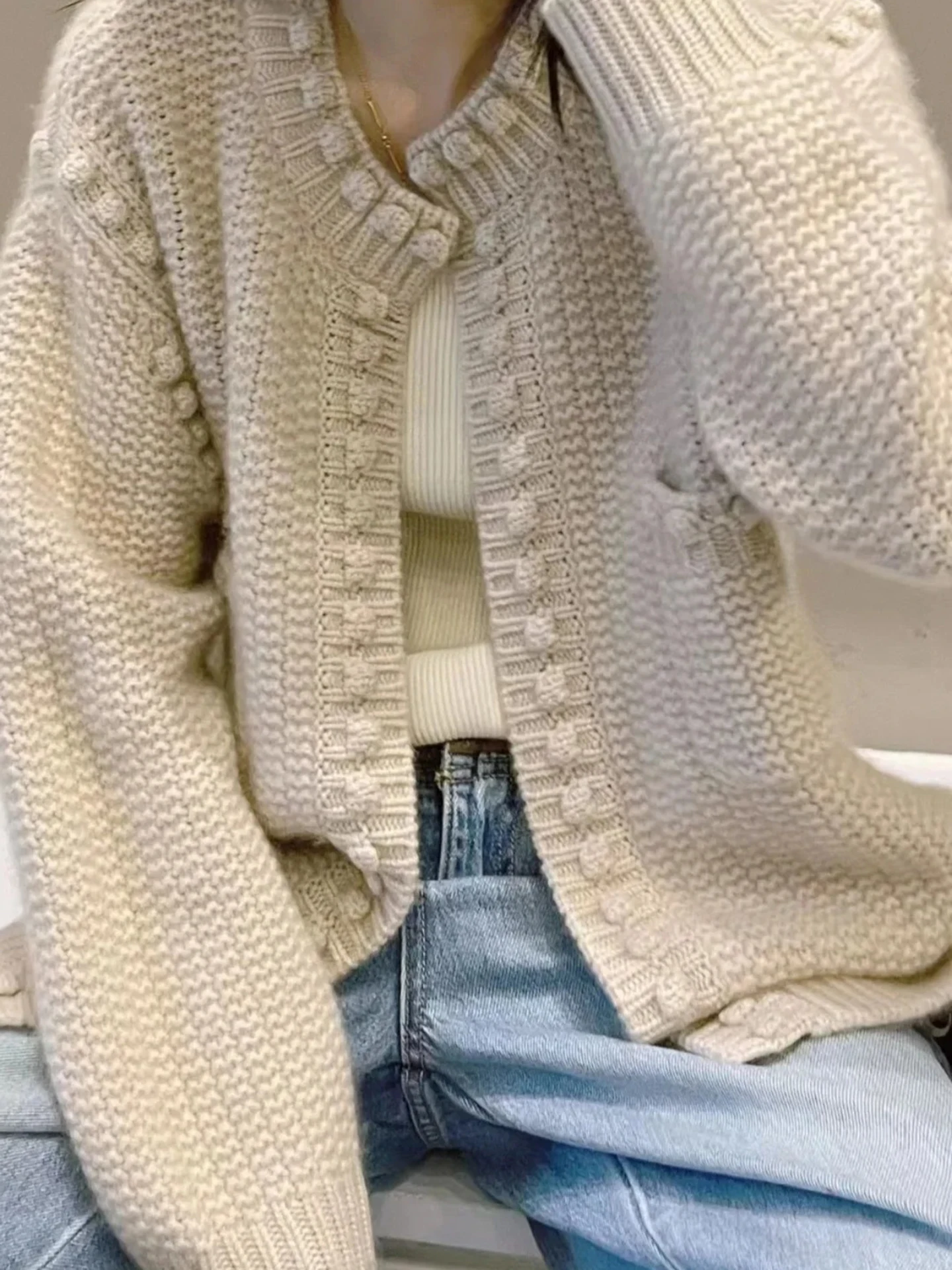 

Женский кардиган из 100% мериносовой шерсти, однотонный свитер с круглым вырезом и длинными рукавами, теплый удобный топ, вязаный трос, осенне-зимняя одежда