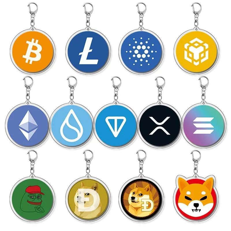 Virtual BTC ETH BNB Keychain Bitcoin Dogecoin Acrylic Pendant Hanging Decoration for Backpack & Key Holder Souvenir Gift