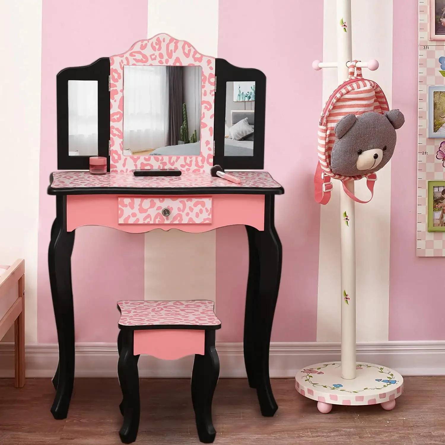 

Kids' Wooden Vanity Table and Stool Set with 3 Mirrors, Princess Makeup Dressing Table,Children's Furniture