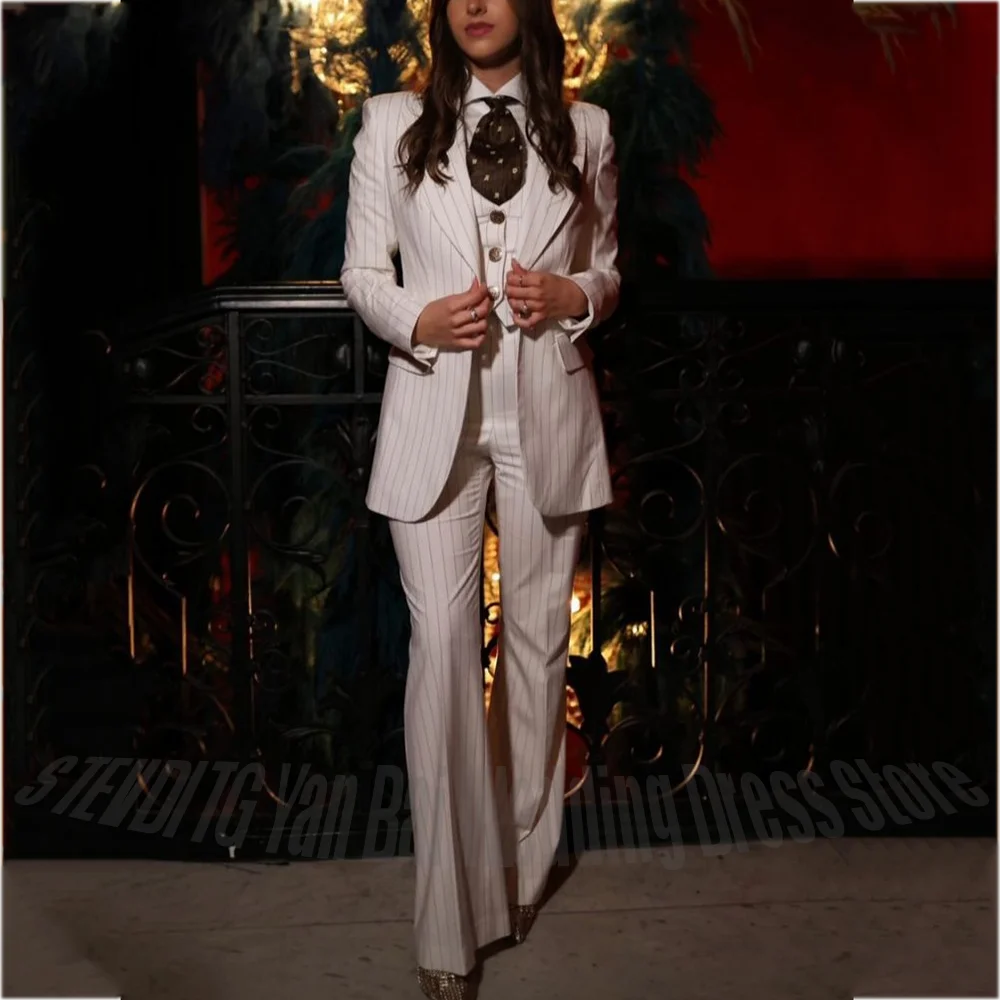 

Slim Fit Striped Women Suit Three Pieces(Jacket+Pants+Vest) Single Breasted Peaked Lapel Business Casual Office Lady Wear