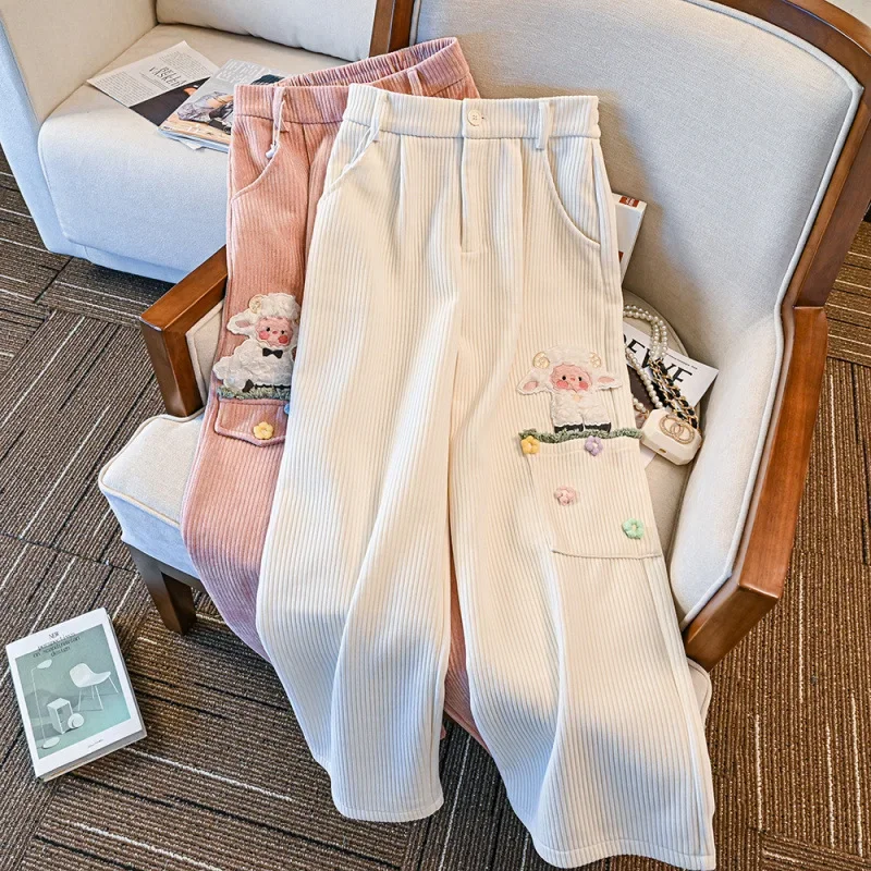 

Korean pink cartoon cute lamb straight pants women's autumn and winter new loose fashion Joker loose casual wide-leg pants