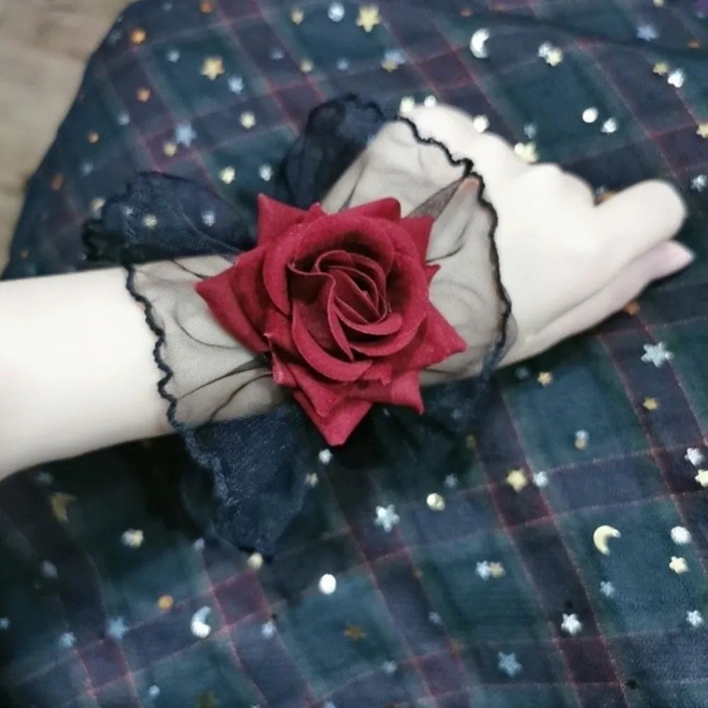 New Red Rose Lace Wristbands Ruffled Lolita Gothic Cosplay Bracelets Black Elastic Band Flower Wrist Cuffs Wrist Accessories