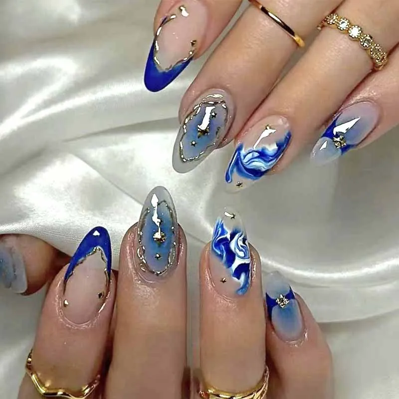 10 Stück Blue Ocean Secret Realm French Style Mandelform vergoldete künstliche Nägel zum Aufdrücken der Nägel Maniküre Cat Eye Temperament Nägel Atr