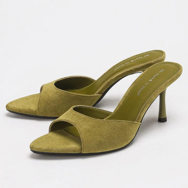 

Элегантные женские шлепанцы из искусственной замши на высоком каблуке, летние модные босоножки 2026 года с открытым носком, на шпильке, без задника