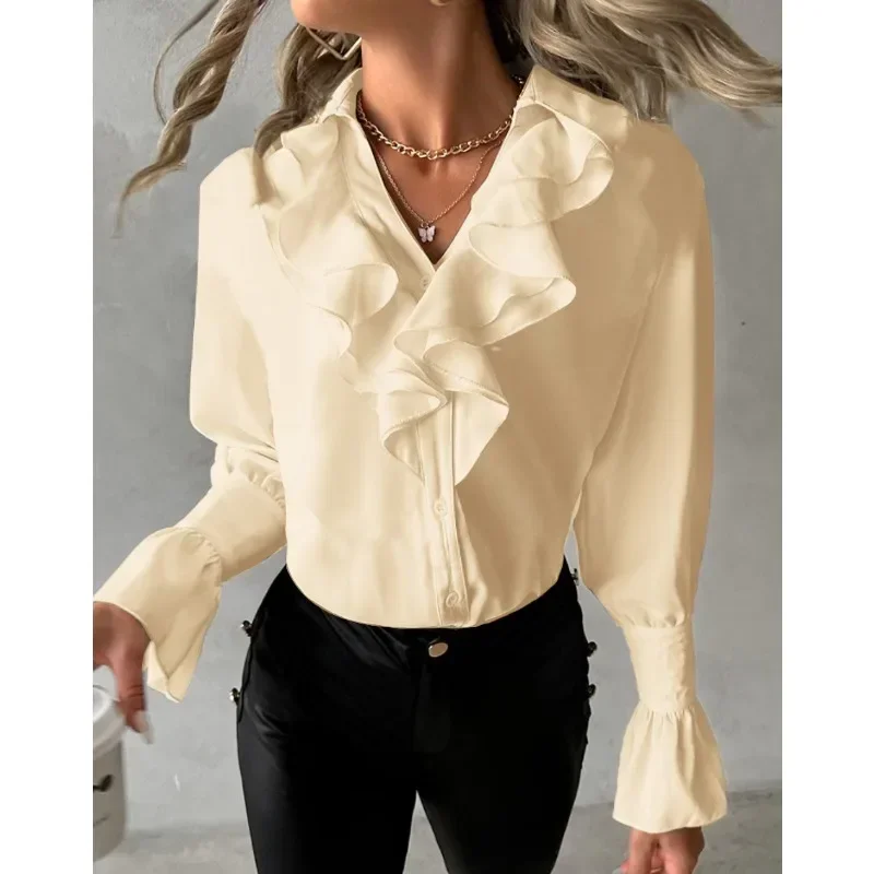 

Women's S-XXL Fashionable Ruffle Edge Petal Sleeve Leisure Autumn Elegant Long Sleeve Shirt Versatile V-neck Solid Color Shirt