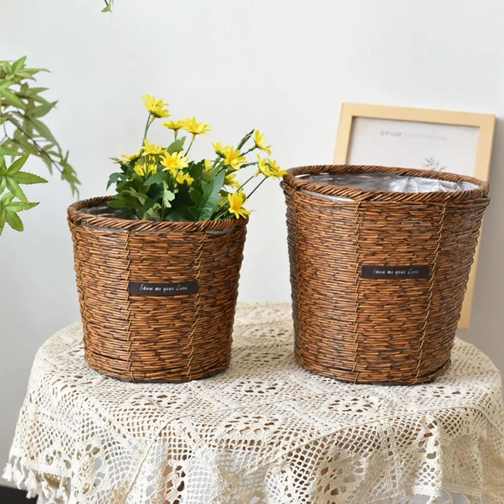 Straw Wicker Woven Planter Basket Handmade Flower Pot Laundry Storage Basket Yellow Rattan Seagrass Storage Basket