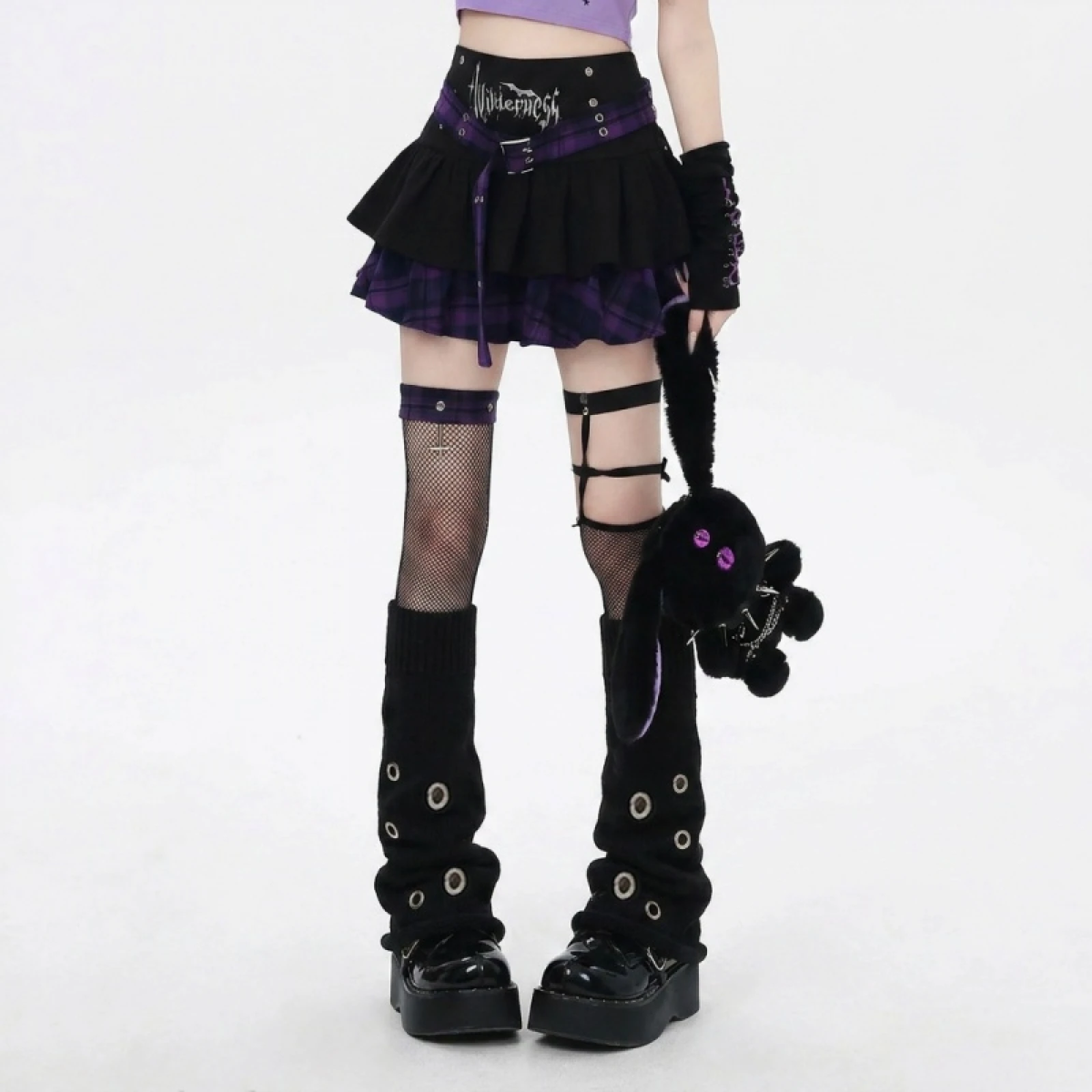 Women Halloween Gothic  Flared Leg Warmers Creative Dark Punk Style Knit Leg Warmers with Metal Eyelets for Winter Warmers Socks