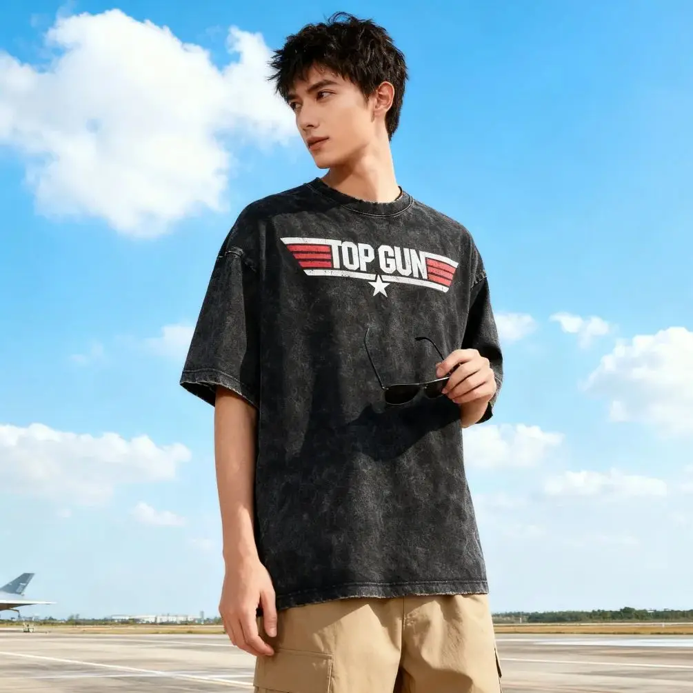 

Tee Men's Distressed Washed T-shirt Male Retro Movie Logo Graphic For Top Gun Wing Casual Comfortable Streetwear T-shirt