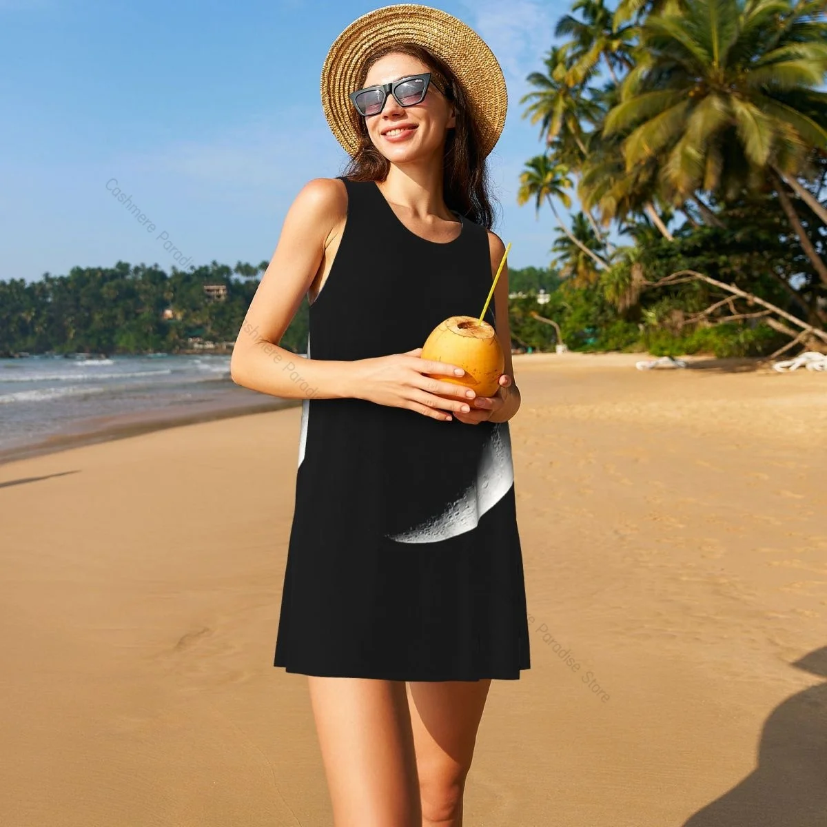 Robes d'été pour femmes, t-shirt de plage, sans manches, grande lune dans le ciel nocturne, robe débardeur ample décontractée, 2025