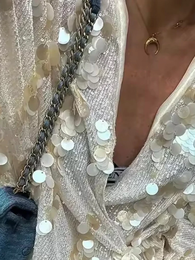 

Elegant Women Glitter Simple Party Clothing Fashion V-neck Sequins Lace Up Cardigans Autumn New Long Sleeve Loose Commute Tops