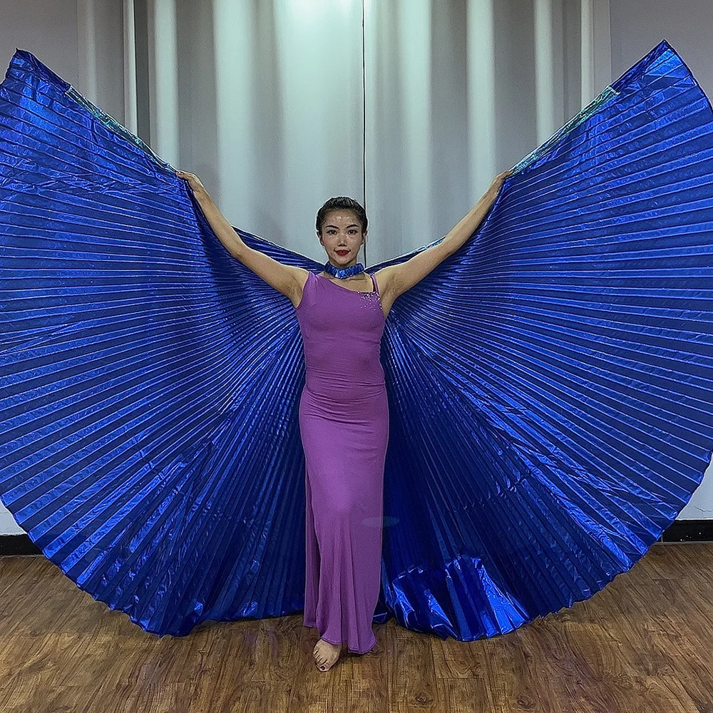 زي الرقص الشرقي الجديد بأجنحة ذهبية بطبقة مزدوجة شفافة باللونين الأبيض والأزرق الملكي زي أداء الرقص الشرقي #2