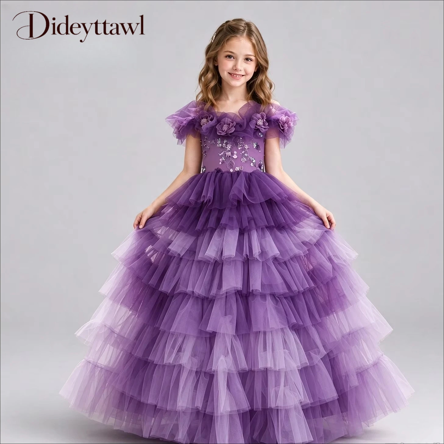 Dideyttawl Pageant Dress Off Shoulder Floral Sequin Tiered Tulle Long Ball Gown Wedding Birthday Party Princess Formal Dress