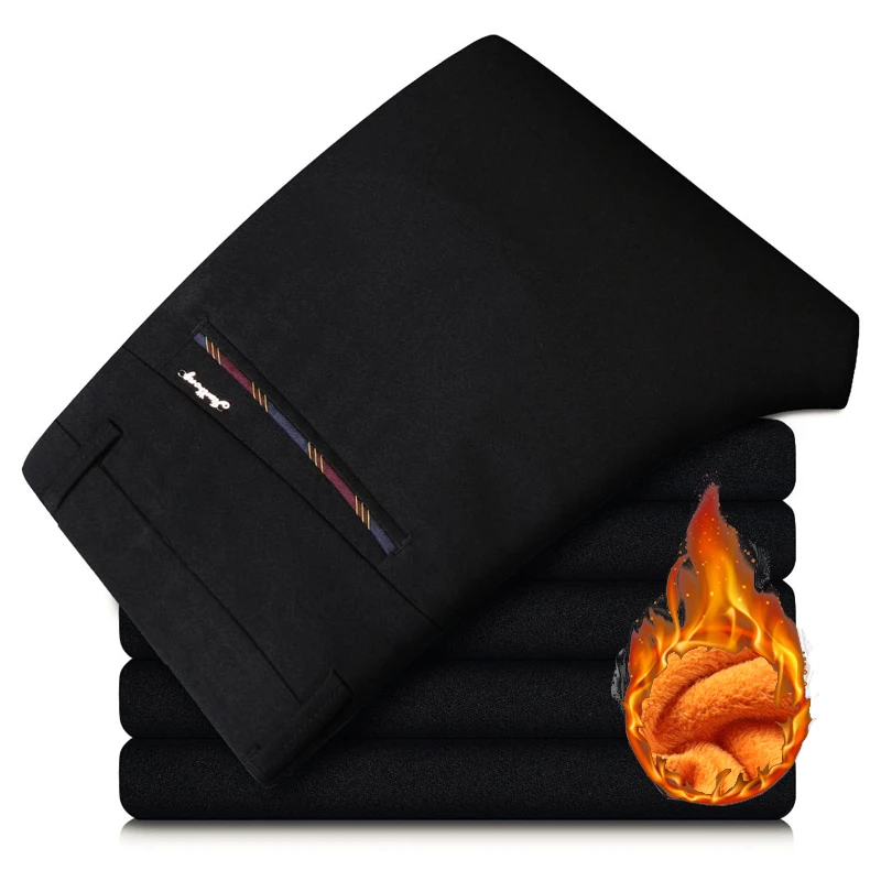 Winter New Men's Warm Thermal Casual Business Suit Pants Male Blue Fleece Thick Fur Office Trousers Stretch Pants Brand Clothing