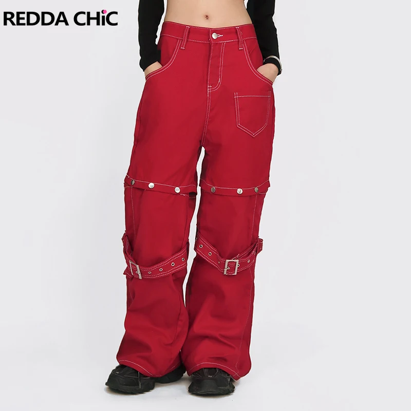 

REDDACHIC винтажные красные хлопковые брюки-карго мужские съемные гетры с поясом, многофункциональные широкие мешковатые джинсы с низкой посадкой Y2k, уличная одежда
